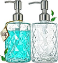 JASAI 2Pack Diamond Embossed Glass Soap Dispenser with 304 Rustproof Stainless Steel Pump, 12 OZ Bathroom soap Dispenser with A Wooden Tag, Elegant Hand Soap Dispenser for Bathroom & Kitchen