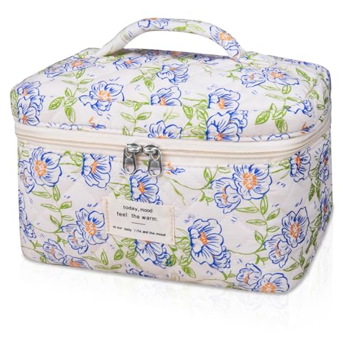 Gosect Large Makeup Bag, Cute Cosmetic Bag for Women Girls, Floral Coquette Aesthetic Toiletry Bag, Travel Make Up Organizer Bag (light blue) - color: 044Light Blue