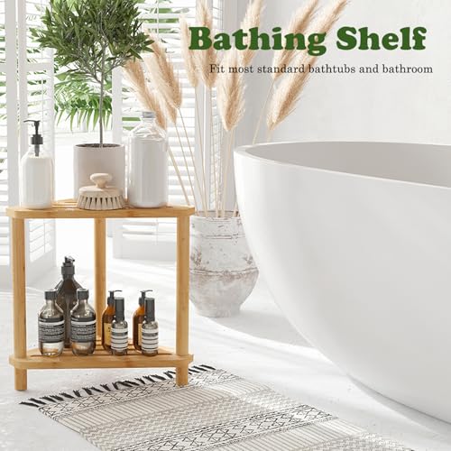 Bamboo Corner Shower Stool,2-Tier Waterproof Shower Stool for Inside Shower Shaving Leg,Small Spaces,Shower Foot Rest with Storage Shelf,Shower Bench,Bath Seat,Corner Nightstand gift for women mom - style: GU-QZST