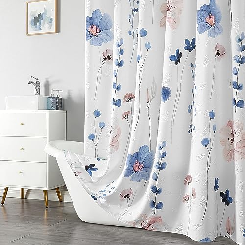 QiyI Watercolor Floral Shower Curtain, 3D Embossed Butterflies Blue Pink Flower Bathroom Curtain, Minimalist White Cloth Bath Curtain, Waterproof Fabric Textured Shower Curtain Set with Hooks, 72x72 - color: Blue, size: 72"W x 72"L (Pack of 1)