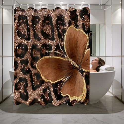 4 Piece Brown Glitter Leopard Shower Curtain Set with Rugs | Luxury Golden Butterfly Art, Glam Animal Print Fabric, Non-Slip Mats, Toilet Lid Cover - color: Brown
