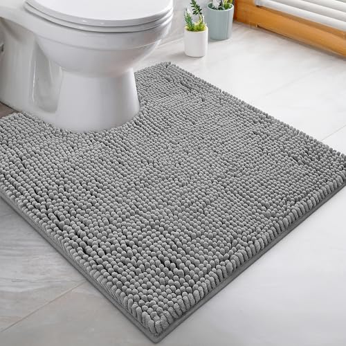 LuxUrux 2-Piece Bathroom Rug Set – Plush Chenille Runner & U-Shaped Toilet Mat, Soft, Absorbent & Non-Slip Design (20x20 U & 27x47 inches, Light Grey) - color: Light Grey, size: 2 Piece Set - X Large