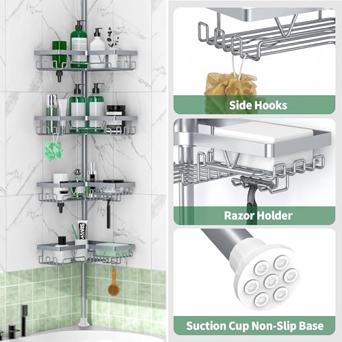 DAOYA Corner Shower Caddy Tension Pole, Light Gray | 4-Tier, Rustproof, Adjustable 25-114.2 Inch, Bathroom Organizer for Renters, Bathtub Shampoo Storage - color: Light Gray