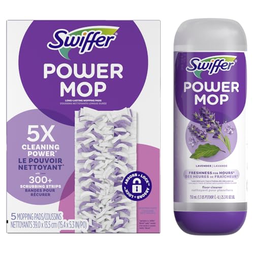 Swiffer Power Mop Refill Pack, Floor Cleaner for Mopping Tile, Vinyl, Laminate, Wood in Home, Bathroom, Kitchen, All Purpose Multi-Surface Cleaning, 5 Pads + 1 Lavender Solution - size: 25.3 Fl Oz (Pack of 1)