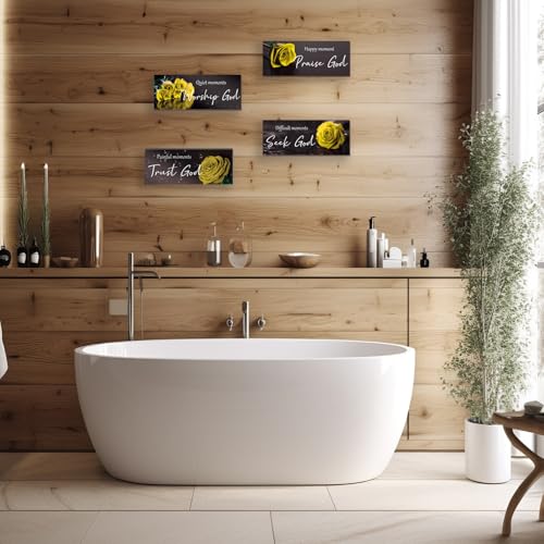 ONIZHITY 4Pcs Yellow Bathroom Decor Yellow Wall Decor Religious Bible Verse Rose Rustic Wooden Christian Sign for Home Bathroom Office Bedroom Living Room Kitchen(10x4") - color: Yellow Rose