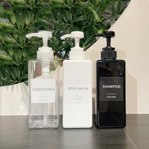 Shampoo and Conditioner Dispenser, Refillable Plastic Shampoo Pump Bottles with Waterproof Labels, Empty Body Wash Dispenser Set for Bathroom, Shower Soap Bottles (White, Set of 3, 16.9oz) - color: White