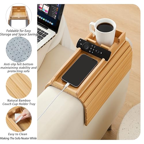 Bamboo Couch Cup Holder Arm Tray Table，Foldable Couch Drink Holder Armrest Table，Sofa Arm Rest Tray，Flexible Arm Chair Table Tray Recliners for Drink,Cups, Snacks, Phone, Remote (Bamboo) - color: Bamboo