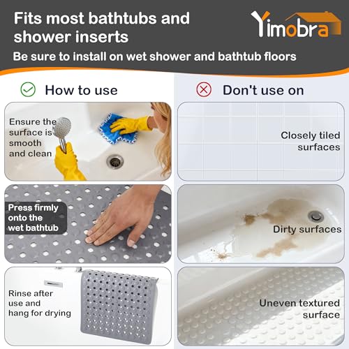 Yimobra Bathtub Mat Non Slip, 27.5"X15.5" Machine Washable Shower Floor Mat, Soft on Feet, Bathmat with Drain Holes and Suction Cups, Bathroom Essentials, Grey - color: Grey, size: 27.5 X 15.5 Inch