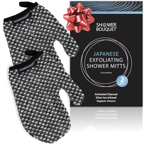 Japanese Exfoliating Mitt 2-Pack - Charcoal & Silver Ion Exfoliating Gloves for Shower - Soft Inner Fabric Gentle Exfoliation & Deep Cleansing Body Scrub Gloves for All Skin Types - 2 White - color: 2 Charcoal White, size: 1 Count (Pack of 2)
