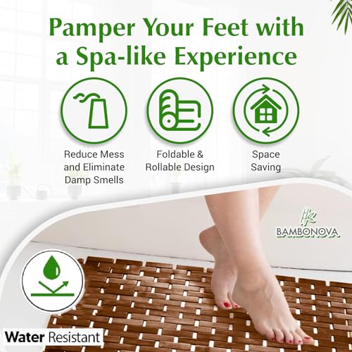Bamboo Bath Mat Brown 24 x 16 Inches and Soap Dish Set Bathroom Rugs Non Slip Washable Bamboo Shower Mat Bathtub Mat Non Slip for Kitchen Sauna Spa Hot Tub Outdoor Bathroom Décor - color: Brown, size: 24x16