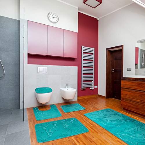Bathroom Rug Set 5 Piece - Memory Foam Bathroom Mat Set, Soft and Comfortable, Non-Slip Thick Absorbent Bath Mats, Machine Washable, Teal - color: Teal