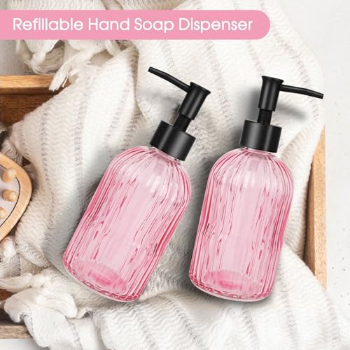 2 Pack Stripe Glass Soap Dispenser with Black Plastic Pump, 400ml Liquid Hand Soap Dispenser, Rustproof Pump for Kitchen & Bathroom, Great for Lotions, Essential Oil, Liquid Soaps- (Pink) - color: Pink, size: Plastic Pump