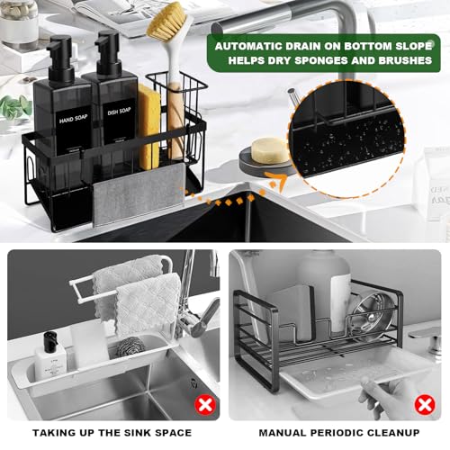 GMISUN Dish Soap Dispenser for Kitchen, 12 fl oz / 350 ml Dual Kitchen Soap Dispensers with Sponge Holder, Transparent Black Glass Kitchen Soap Dispenser Set, Modern Hand and Dish Soap Bottle Set - color: Clear Black Bottle + Black Rack