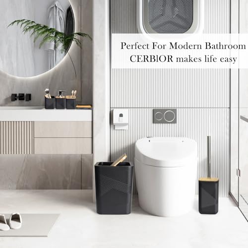 CERBIOR Bathroom Accessories Set 6 Piece Bamboo Bath Ensemble Includes Soap Dispenser, Toothbrush Holder, Toothbrush Cup, Soap Dish for Decorative Countertop and Housewarming Gift (Black) - size: Complete Set, style: Black