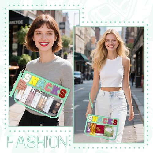 Snack Bag for Travel & Makeup - Clear Chenille Letter Zipper Pouch, Waterproof Cosmetic Tote Bag for Women & Girls (Green) - color: Green