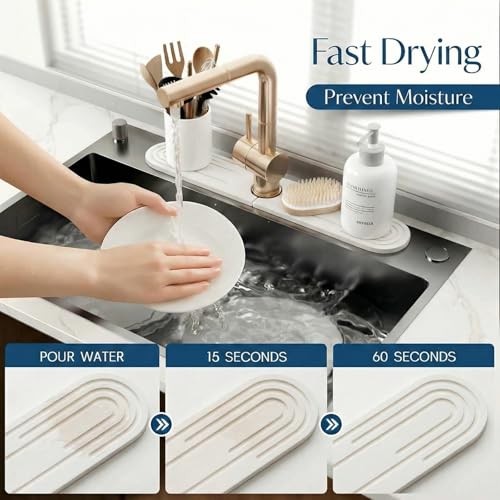 Stone Faucet Mat for Kitchen Sink, Diatomite Fast Drying Stone Tray, Quick Dry Water Absorb Faucet Mat, Sink Splash Guard for Kitchen Bathroom Counter(White, 23.6"X3.9")