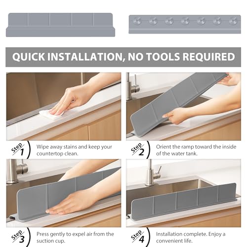 23Inch Sink Splash Guard – Extended Length & Tall Silicone Kitchen Sink Splash Guard with Overhang Drainage Design & Strong Suction Cups for Countertop (Dark Grey, 23''x3.5'') - color: Dark Grey, size: 23''x3.5''