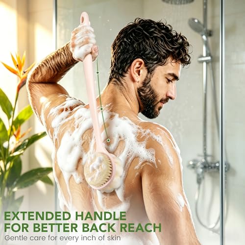 Back Scrubber for Shower, 15.7" Loofah with Handle, Back Shower Brush with Bristles and Loofah, Dry Brushing Body Brush for Cleanse Back and Hard to Reach Areas with Curved Long Handle, Pink - color: Pink