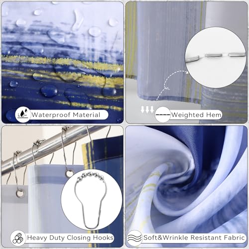XLHOMO Blue and Gold Bathroom Accessories Set, Bathroom Sets with Shower Curtain, Blue Bathroom Accessories with Trash Can, Soap Dispenser, Soap Dish, Toilet Brush Holder, Qtip Holders for Bathroom - color: Plaid Blue & Gold, size: Complete Set