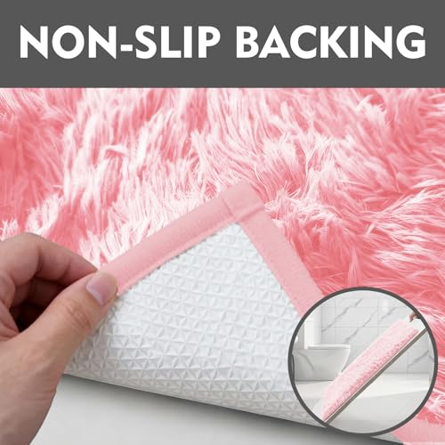 Shaggy Bathroom Rugs Sets 3Piece Bath Mat for Bathrom Non-Slip Bathrom Mats Water Absorbent Bath Rug Floor Mats Soft Washable Shower Rug with U-Shaped Contour Rug Toilet Lid Cover Light Pink - color: Light Pink