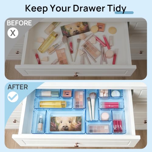Vtopmart 25 PCS Plastic Drawer Organizers Set, 4-Size Versatile Bathroom and Vanity Drawer Organizer Trays, Storage Bins for Makeup, Bedroom, Kitchen Gadgets Utensils and Office - color: Clear Blue