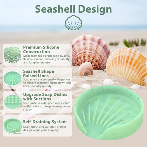 Silicone Bathroom Soap Dishes, Self Draining Waterfall Bar Soap Holder & Saver, Dish Soap Tray, Sponge Holder, 13 Non-Slip Suction Cups Dishwasher Safe for Bathroom Kitchen Shower Sink Organizer Green - color: Green