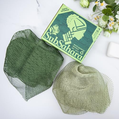 SubSahara Authentic African Net Sponge - 2 Pack Exfoliating Bath & Shower Loofah Sponge for Body & Face, Gentle Scrubber for All Skin Types, Travel, Durable Polyester (Olive Green & Light Green) - color: Olive Green & Light Green