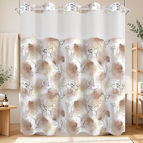 No Hook Shower Curtain with Snap in Liner Set FYZZ00003 - color: Brown Watercolor Botanical