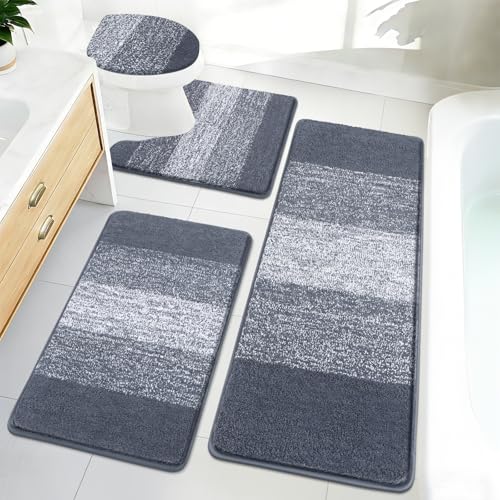 Bsmathom Bathroom Rugs Sets 4 Piece, Soft Absorbent Microfiber Bath Rugs with U-Shaped Contour Toilet Rug and Toilet Lid Cover, Thick Non-Slip Plush Shaggy Bath Mat Set,Dark Gray - color: Dark Grey, size: 20"x31"+20"x59"+U20"x24"+Cover19"x21"