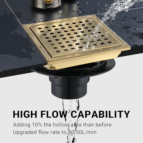 6 Inch Square Shower Floor Drain, Stainless Steel Black Shower Drain Kit with Flange, Floor Drain with Removable Grid Cover,Brushed Gold - color: Brushed Gold, size: 6 inch-Grid
