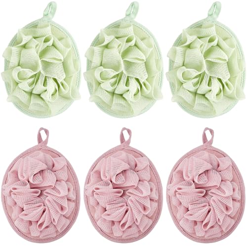 Boao 6 Pcs Bath Shower Pouf Sponge Mesh Pouf Shower Ball Exfoliating Body Sponge Pad Scrubber Glove with Flower Bath Ball (Green,Light Pink) - style: Green,Light Pink
