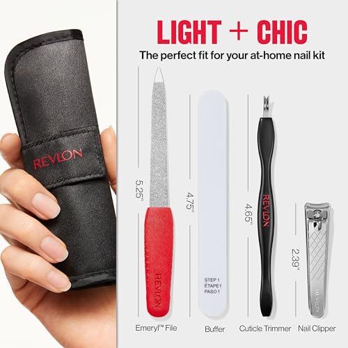 Revlon Manicure Essentials Kit with Travel Case, Nail Care Set with Dual Ended Cuticle Trimmer, Curved Blade Clippers, Compact Emeryl File & Buffer (Pack of 1)