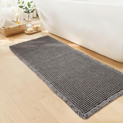 Waffle Runner Bath Mat - Long Boho Bathroom Rugs Non Slip Washable, Super Absorbent & Quick Dry, Soft Bath Mat Farmhouse Bathroom Decor, 24'' x 60'', Dark Grey - color: Dark Grey, size: 24'' X 60''