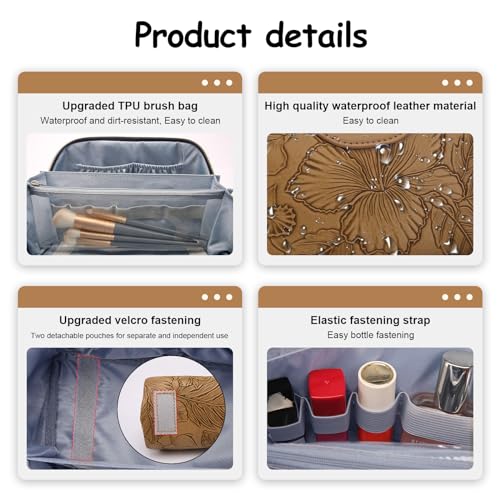 BOYATU Travel Makeup Bags Cosmetic Organizer Bag: 3-Set Large Capacity Make up Bag - PU Leather Toiletry Bags for Women - Wide Open Portable Pouch with Divider & Handle (01-Z-Brown) - color: 01-Z-Brown