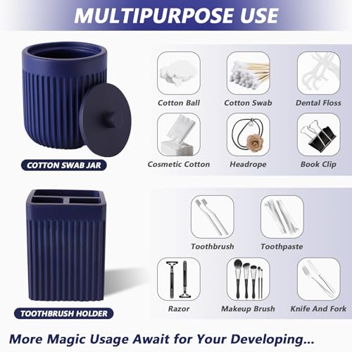 XLHOMO Resin Navy Blue Bathroom Accessories Set 5 Pcs, Lotion Soap Dispenser, Toothbrush Holder, Bathroom Tumbler, Qtip Holder and Vanity Tray, Bathroom Countertop Organizer Set for Modern Apartment - color: Navy Blue, size: Resin Bath Set