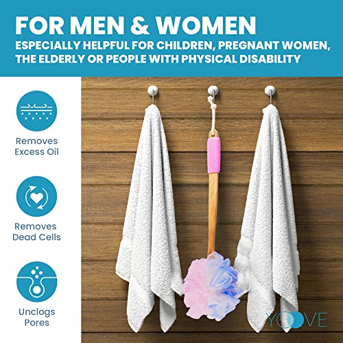 Yoove Loofah Back Scrubber w/Bamboo Charcoal Fiber Infused Bath Sponge, Wooden Handle, Luffa Pouf, Sponge Stick & Hanging Hook for Men & Women, Pink Loofah w/Handle, Loofa, Lufa Body Scrubber Stick - style: Pink
