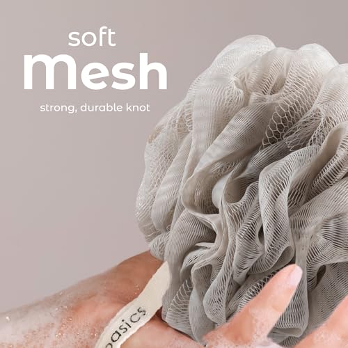 MainBasics Shower Loofah Sponge Pouf, Set of 3, Totally Taupe | Soft Mesh Body Scrubber and Bath Sponge for Gentle Exfoliation, Rich Lather, and Everyday Shower Use - style: Totally Taupe