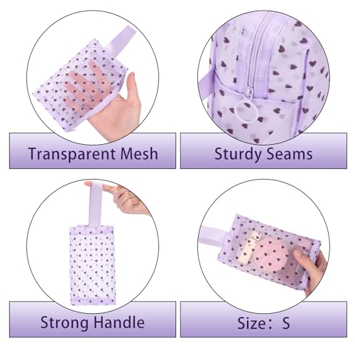 6 Pieces Zipper Mesh Makeup Bags Set, Nylon Cosmetic Bags Portable Clear Toiletry Bas Travel Organizer Bags for Office Travelling Organization (Purple Heart Printed, Assorted Size) - color: Purple Heart Printed