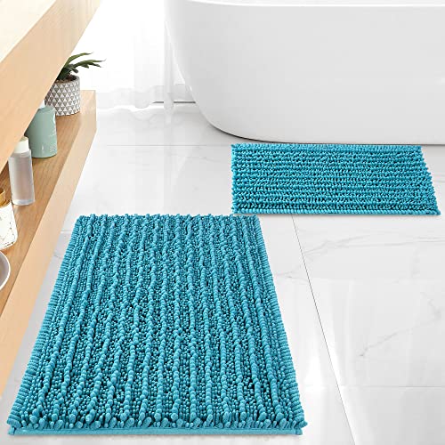 FLOLEOPA Luxury Chenille Peacock Blue Bathroom Rugs Bath Mats Sets, Extra Soft and Absorbent Bathroom Rugs Non Skid Machine Wash Dry Bath Mats（32"x20" Plus 17"x24"） - color: Peacock Blue, size: 32"x20" Plus 17"x24"