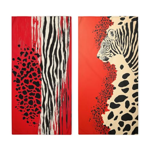 Leopard Print Hand Towels Set of 2, Red Black Splice Decorative Bath Towels for Bathroom Kitchen Home Spa Hotel Yoga,Bathroom Decor Accessories - color: Leopard Print