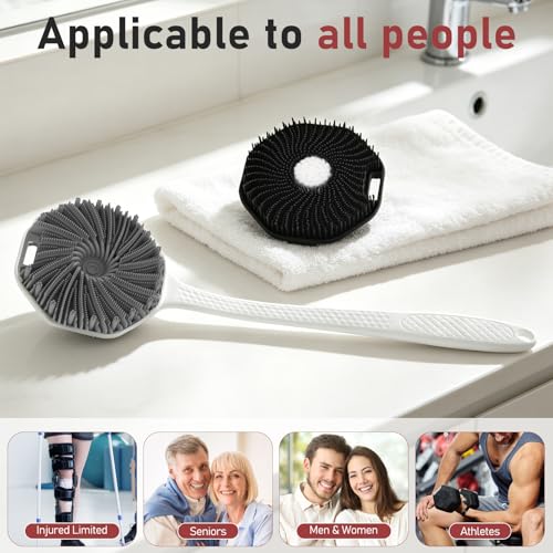 Back Scrubber for Shower 2 Pack, Silicone Scrub Brush with Long Handle & Unique Soft Body Scrubber, Detachable Body Brush Shower Lather Well Deep Clean Exfoliating for Women Men Sensitive Skin Bl&Gy - color: Black+grey Flock