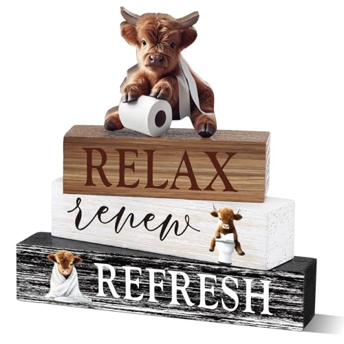 Cinnvoice 4 Pcs Highland Cow Bathroom Decor Farmhouse Bathroom Decoration Western Relax Renew Refresh Table Centerpiece Gift for Christmas Valentines Back to School - style: Relax Renew Refresh