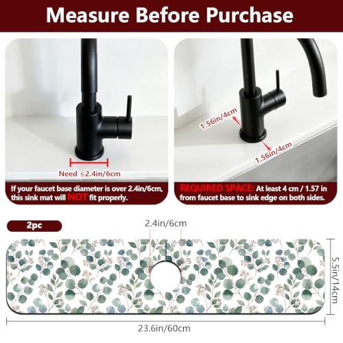 2 Pcs Kitchen Sink Splash Guard Faucet Mat Green Leaves Pattern Faucet Mat for Sinks Eucalyptus Leaves Absorbing Drying Mats for Kitchen Bathroom, 23.6x5.5inch - color: Green Leaves Pattern