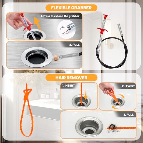 Drain Auger 33 ft, Plumbing Snake Hair Clog Remover Drain Snake Flexible Grabber Heavy Duty Sink Cleaner Tools for Shower Bathtub Bathroom Kitchen Pipe, Red - color: Red