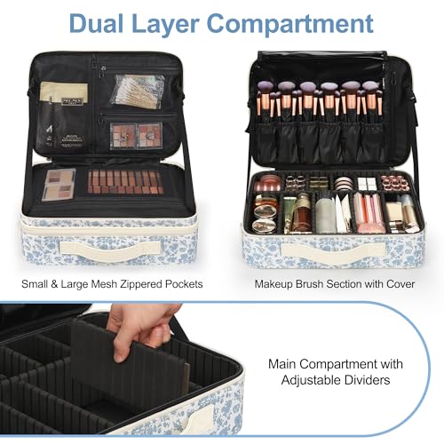 Relavel Large Makeup Bag, Floral Cosmetic Bag for Women, Professional Travel Train Case Portable Makeup Artist Bag Make Up Storage Organizer Box with Adjustable Dividers and Makeup Brush Compartment - color: Floral Print, size: Large