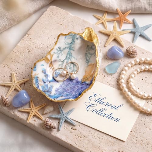 Natural Oyster Ring Trinket Dish Vintage Jewelry Tray for Keys Small Jewelry Holder for Bridal Shower Favors Friends Sisters Daughter Mother Gift Seaside Decor(Blue Safari) - style: Blue Safari