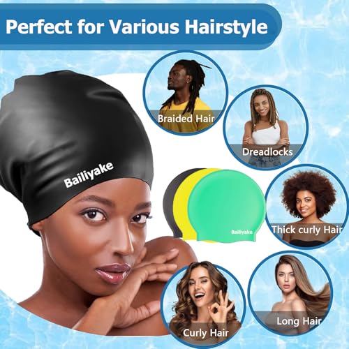 3 Pack Extra Large Swim Cap for Braids & Dreadlocks - Waterproof Silicone Swim Hat for Women with Long Thick Hair, Protective Swim Cap Cover Ears for Swimming, Shower, Bathing - color: Black+Green+Yellow