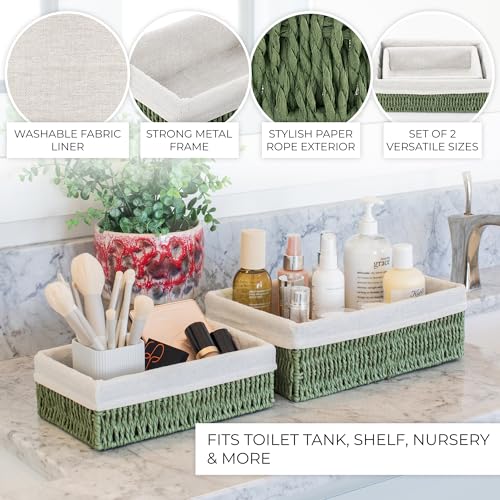 Beautiful Toilet Paper Storage Basket Set of 2 – Decorative Wicker Bathroom Organizer for Toilet Tank Trays - Quality Holder Bin for Shelves Fits Perfectly with Any Bathroom Decor - color: Sage