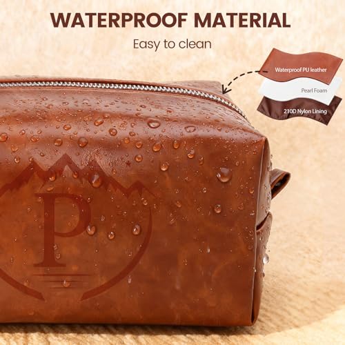 Toiletry Bag for Men,Mens Travel Toiletry Organizer,Personalized Men's Travel Essentials,Water Resistant PU Leather Shaving Bag for Dad Husband Boyfriend, Birthday Gifts for Him,Brown - P - style: Brown P