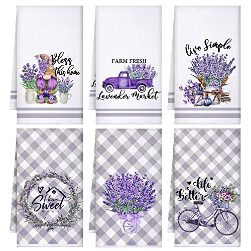 Set of 6 Lavender Kitchen Towels Purple Floral Dishtowels Rustic Absorbent Purple Tea Hand Towels 24 x 16 Inches Lavender Lover Gifts for Farmhouse Kitchen Bathroom Accessories Decorations - color: Lavender